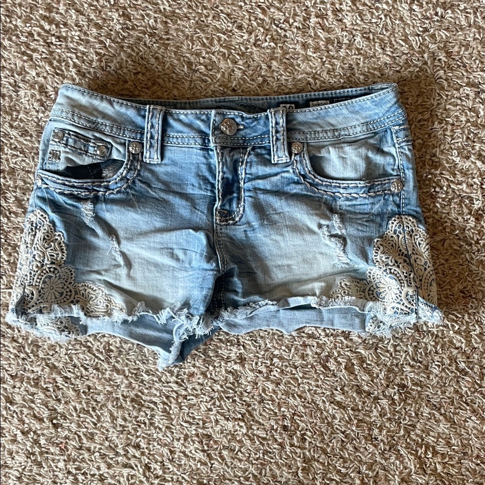 Miss Me Light Blue Jean Shorts with Lace Detail